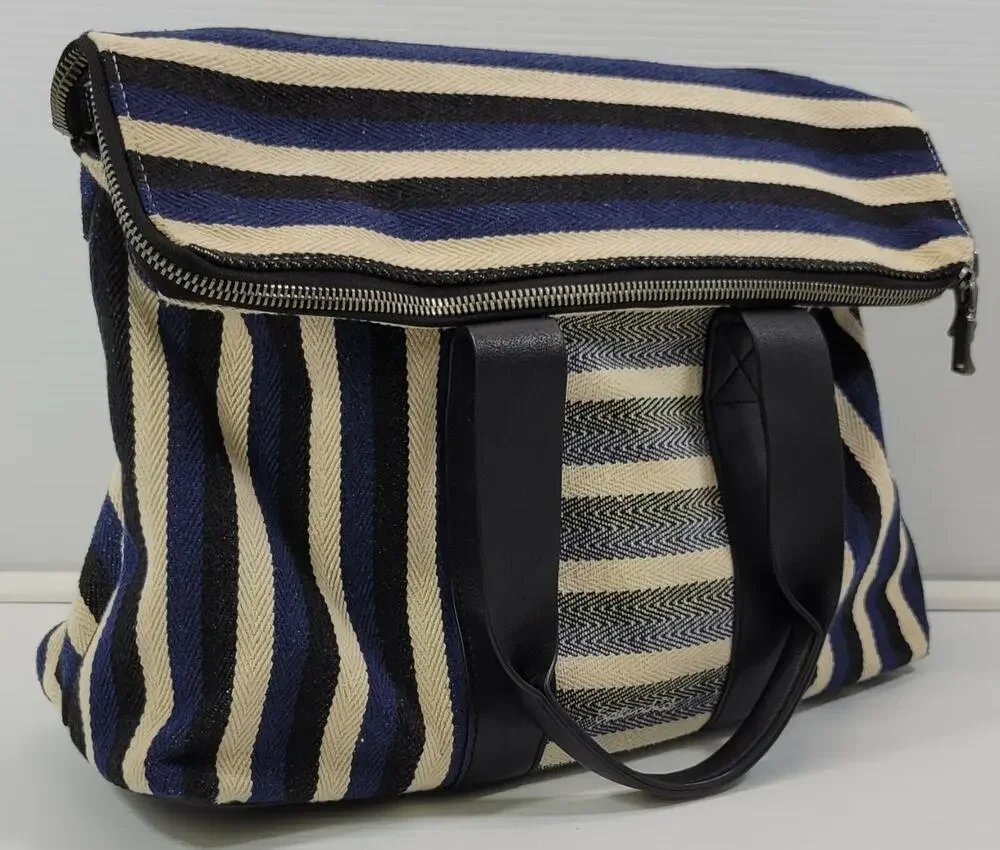 c4) Splendid Women's Hobo Tote Cotton Striped Bag Blue Black White